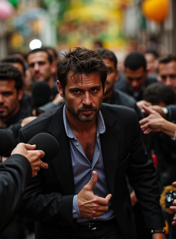 A photo of singer Xamã surrounded by security guards, attempting to move quickly through a crowd of reporters at the Marquês de Sapucaí during the Rio Carnival.