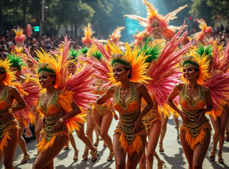 A vibrant scene from the Grande Rio parade, showcasing elaborate floats and dancers in colorful costumes.