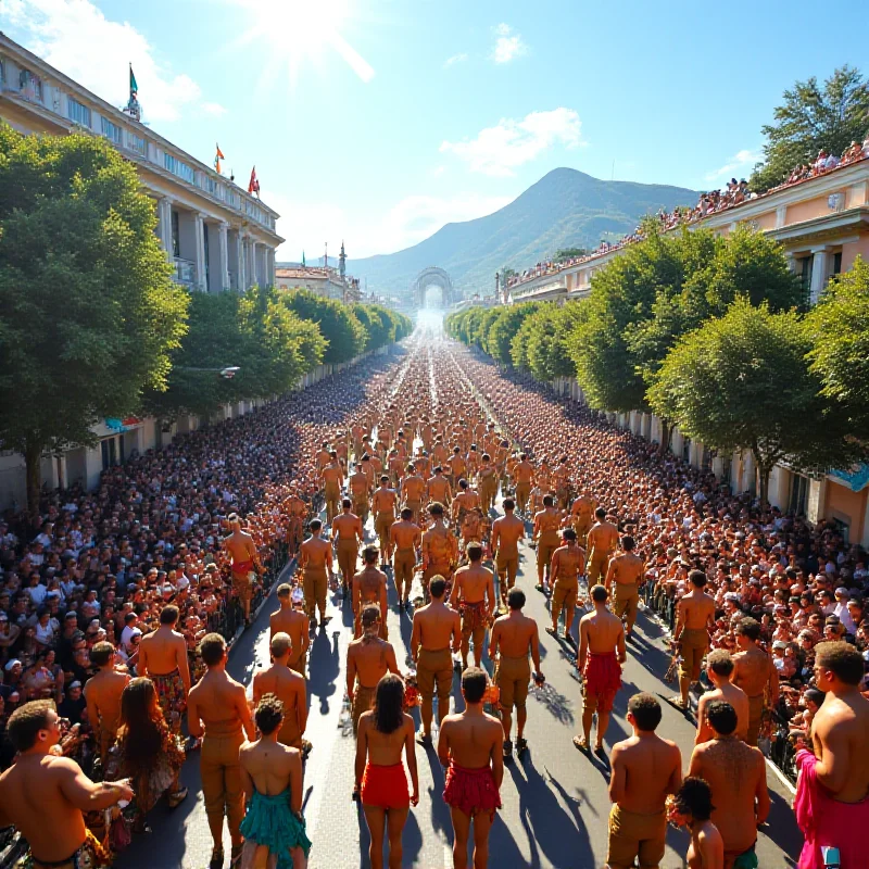 A wide shot of the Sambadrome during the Rio Carnival, filled with spectators and the vibrant parade.