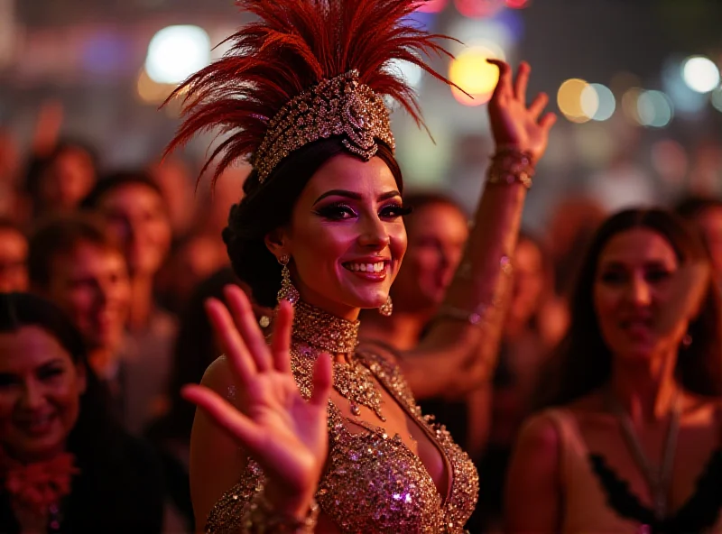 Paolla Oliveira in a dazzling Carnival costume waving to the crowd.