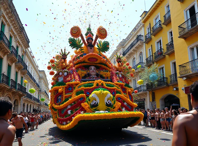 A vibrant parade float from Grande Rio moving down the street during Carnival.