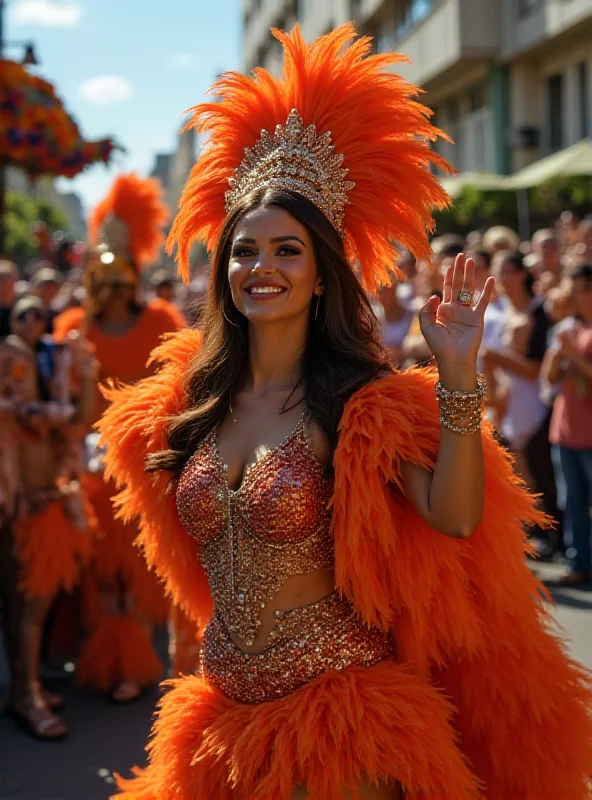 Alane Dias smiling and waving at a crowd during the Rio Carnival parade.