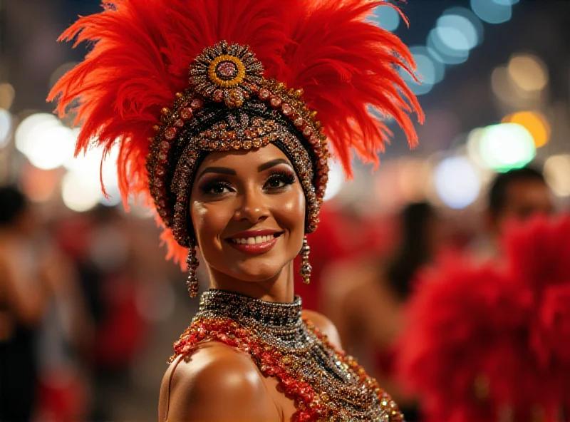 Paolla Oliveira as drum majorette for Grande Rio during Carnival. She is wearing a vibrant costume with feathers and sequins, smiling confidently at the crowd.