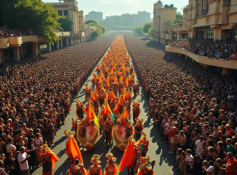 A wide shot of the Grande Rio samba school parading down the Sapucaí during Carnival. The school is elaborately decorated, with vibrant colors, floats, and dancers.