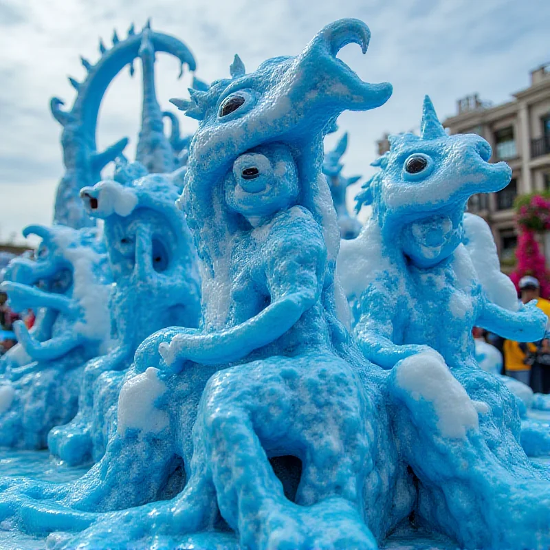 A close-up shot of a Grande Rio float during Carnival, depicting the pororoca tidal bore. The float is intricately designed with blue and white colors, and features dancers dressed as river creatures.