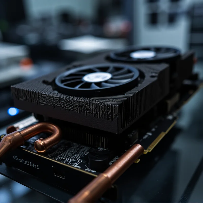 A close up of a high-end graphics card with intricate cooling system.