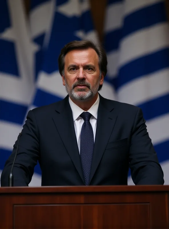 A photograph of Greek Prime Minister Kyriakos Mitsotakis speaking at a podium, addressing the nation about railway upgrades and the government's response to the train crash. The Greek flag is visible in the background.