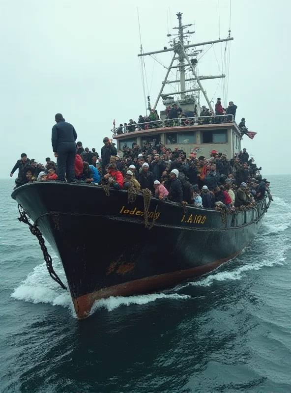 A crowded boat at sea, suggesting a migrant vessel