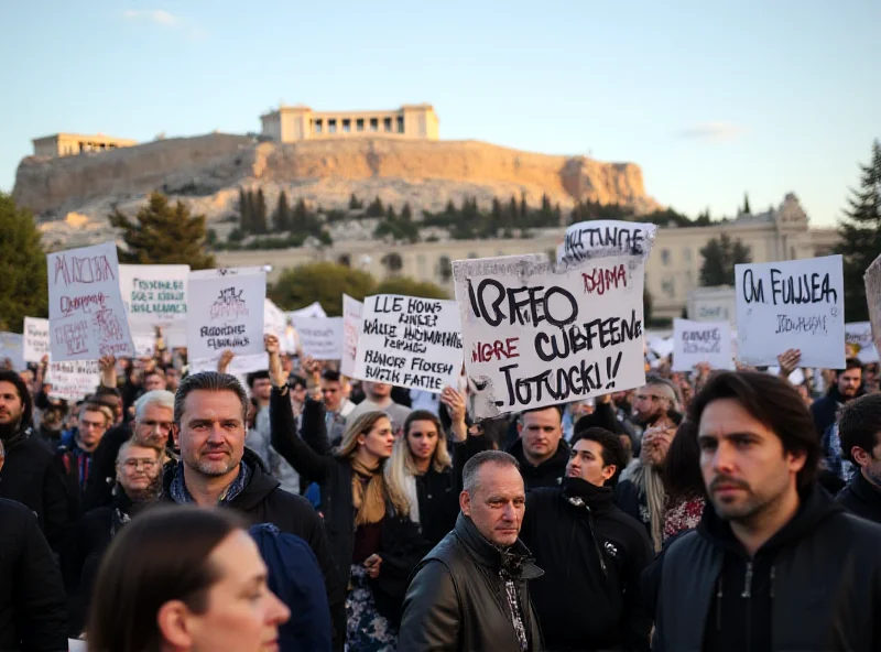 Protesters holding signs in Greece