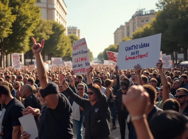 Protesters marching in Athens, Greece with banners and signs.