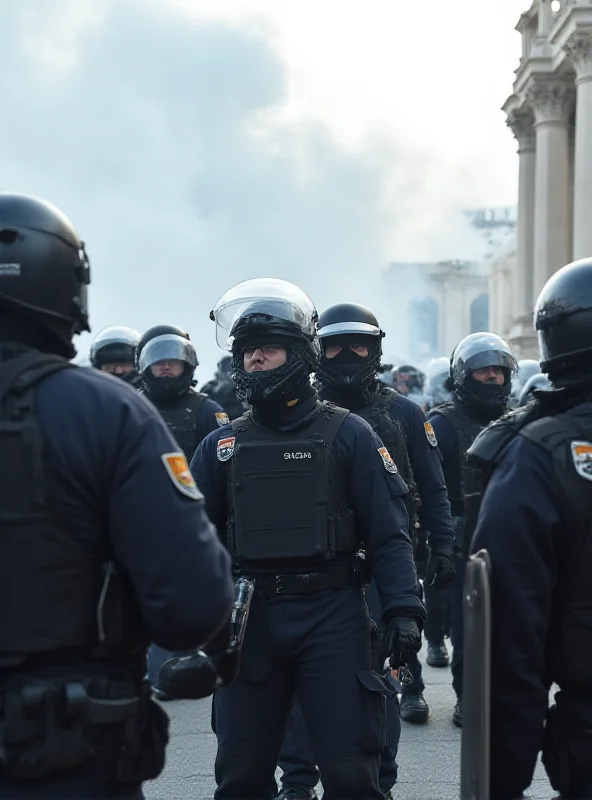 Riot police in Athens confronting protesters with tear gas and shields.