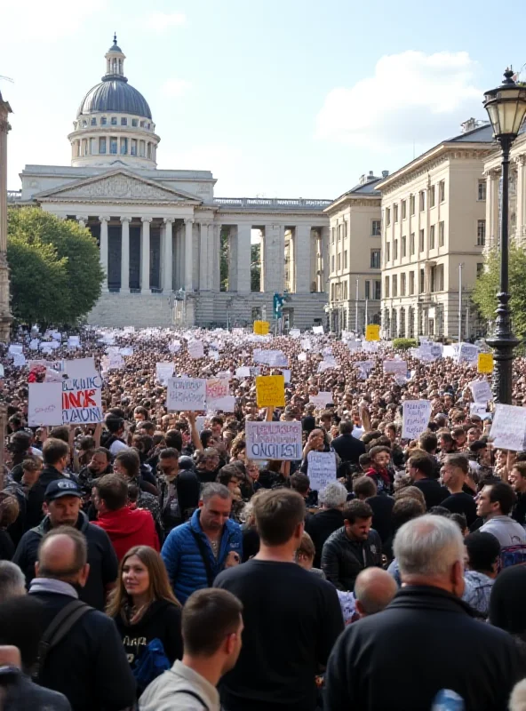 A large crowd of protesters holding banners and signs in Syntagma Square.