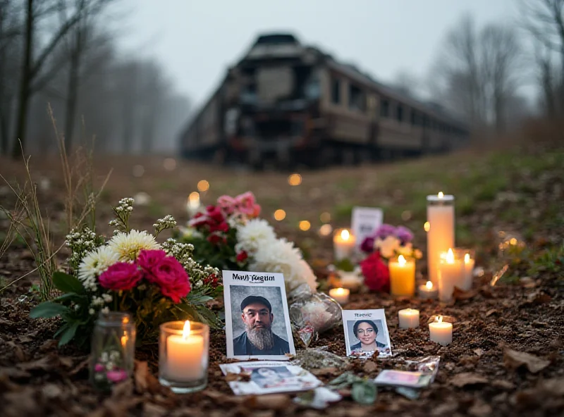 A memorial with flowers and candles for the victims of the train crash.