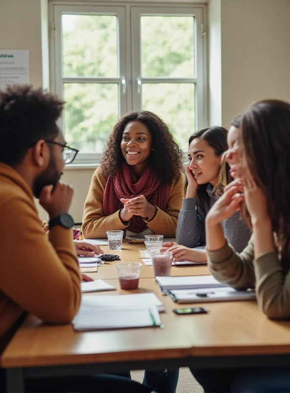 A diverse group of young adults sitting together, engaged in conversation, in a brightly lit classroom setting. The atmosphere is collaborative and supportive.