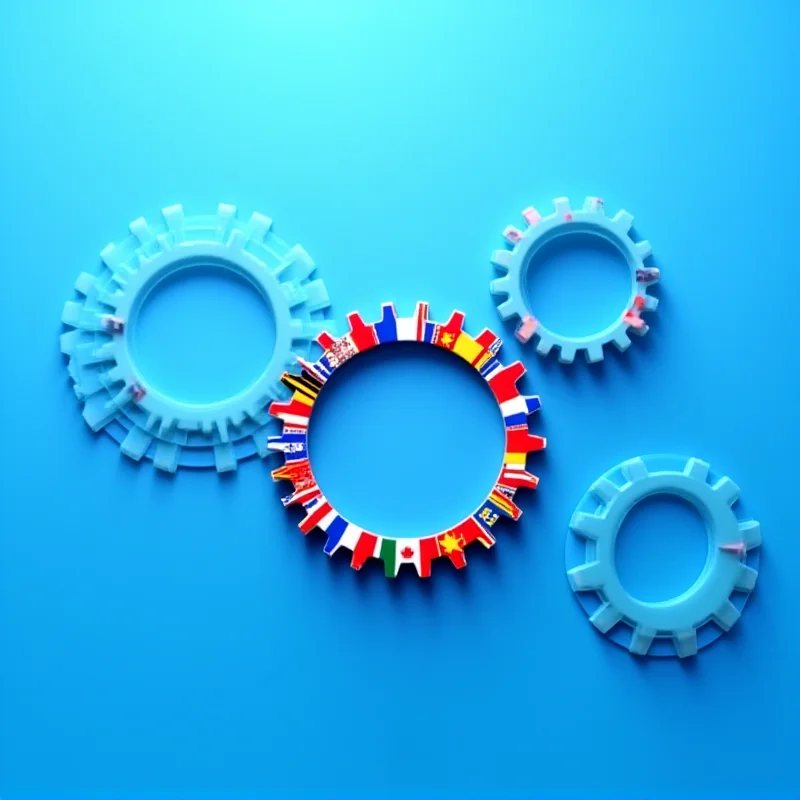 An abstract image representing international cooperation, featuring interconnected gears and flags from various nations against a blue background.