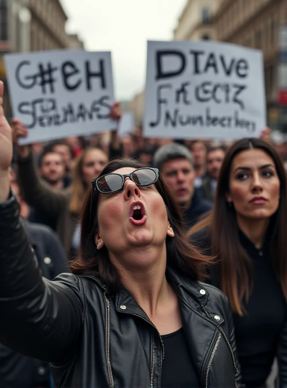 A large crowd of protesters marching down a street in Athens, holding signs and chanting slogans.