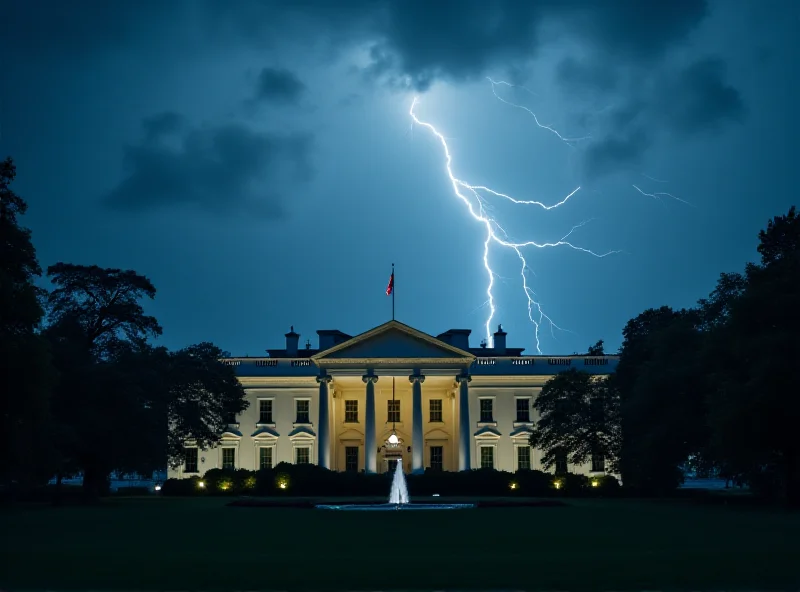 Photo of the White House with a stormy sky behind it, symbolizing international tensions and uncertainty.