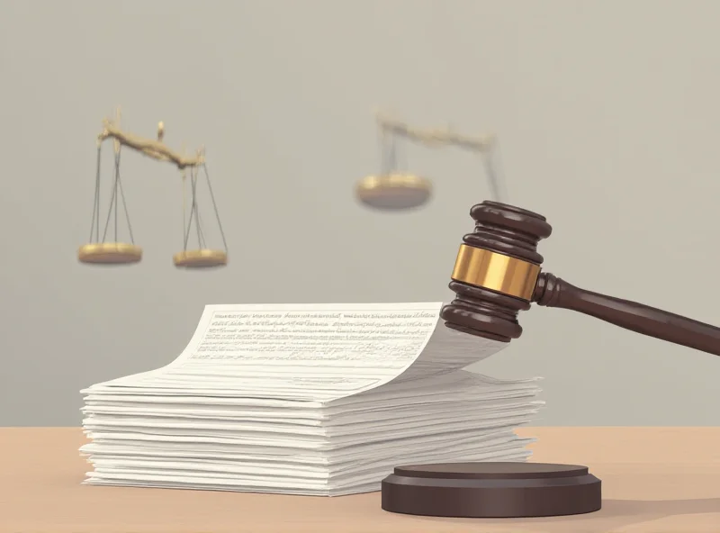 Illustration of a gavel striking down on a pile of documents, symbolizing the judge's decision to halt the layoffs, with scales of justice in the background.