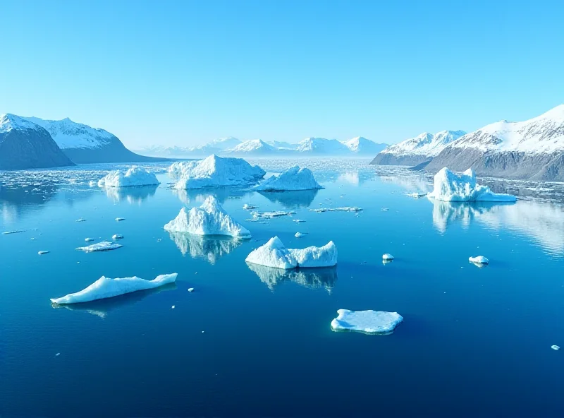 Aerial view of a Greenlandic fjord with icebergs and snow-capped mountains.