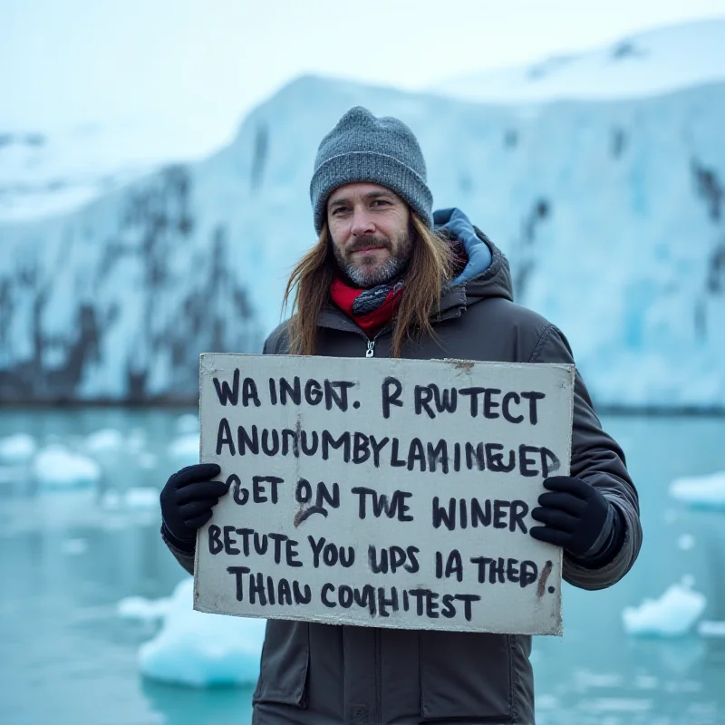 A protest sign held by an environmental activist in Greenland, with a backdrop of glaciers.