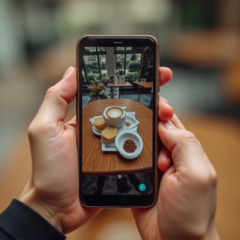 A person holding a smartphone with the Good Coffee, Great Coffee game displayed on the screen, with a cup of coffee in the background.