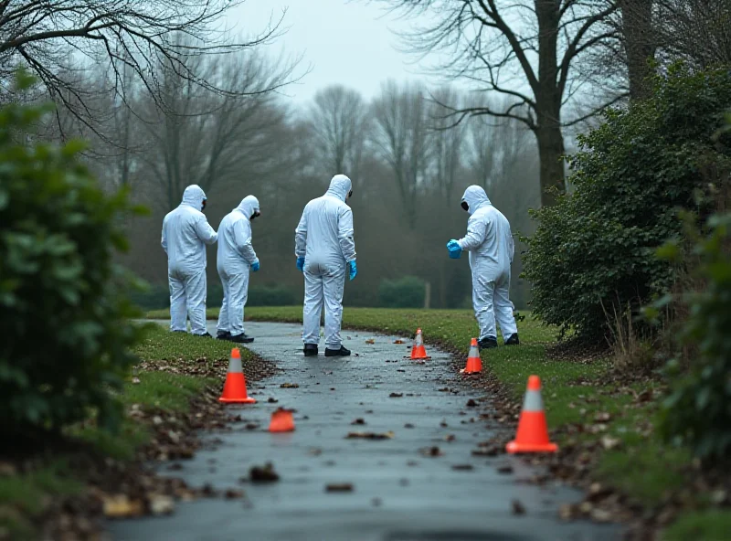 Police officers investigating a park area with forensic equipment, near a supermarket in the background.