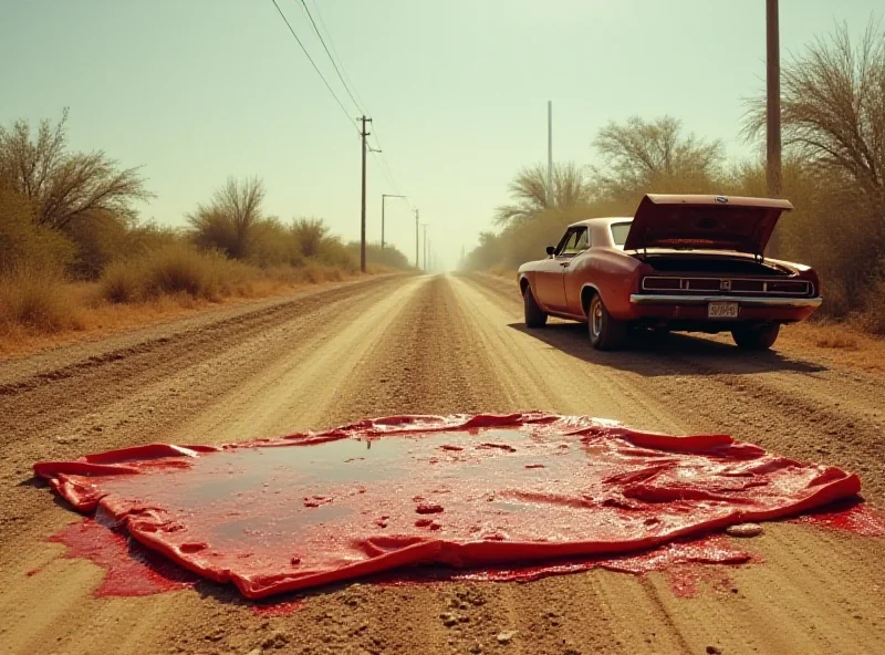 A desolate dirt road in Mexico, with an abandoned car in the distance and a blood-soaked tarp partially visible in the foreground, conveying a sense of danger and cartel activity.