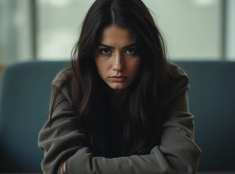 A distressed young woman sitting alone. She appears to be in her early twenties with long dark hair. She is dressed in simple clothing and has a dejected expression on her face. The background is blurred, suggesting she is in a public place but isolated in her thoughts.