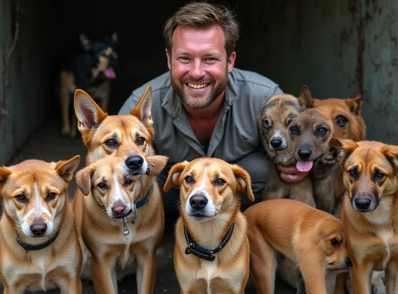 Niall Harbison surrounded by stray dogs in Thailand. He is smiling and interacting with the dogs, who appear healthy and well-cared for. The background shows a simple shelter or outdoor space where the dogs live.