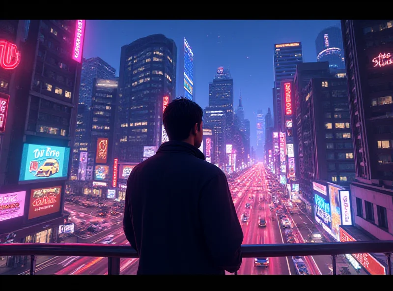 Concept art of a Grand Theft Auto character standing in a vibrant, bustling city at night.