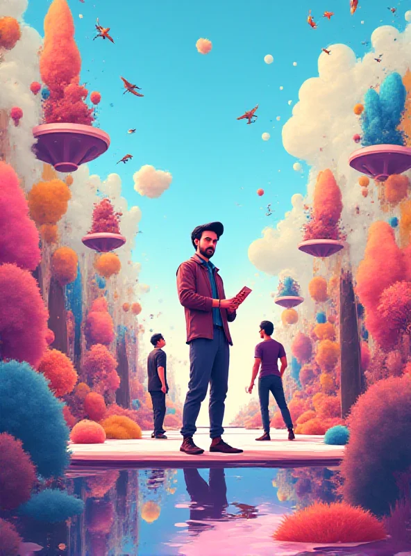 A stylized image representing the metaverse, with various avatars interacting in a colorful, digital landscape.