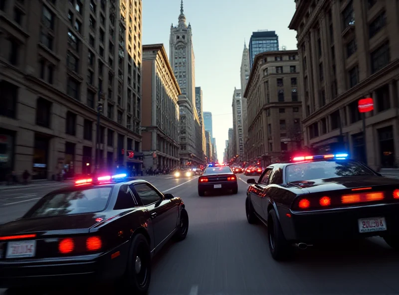 A screenshot from a Grand Theft Auto game, depicting a high-speed car chase through a city street.