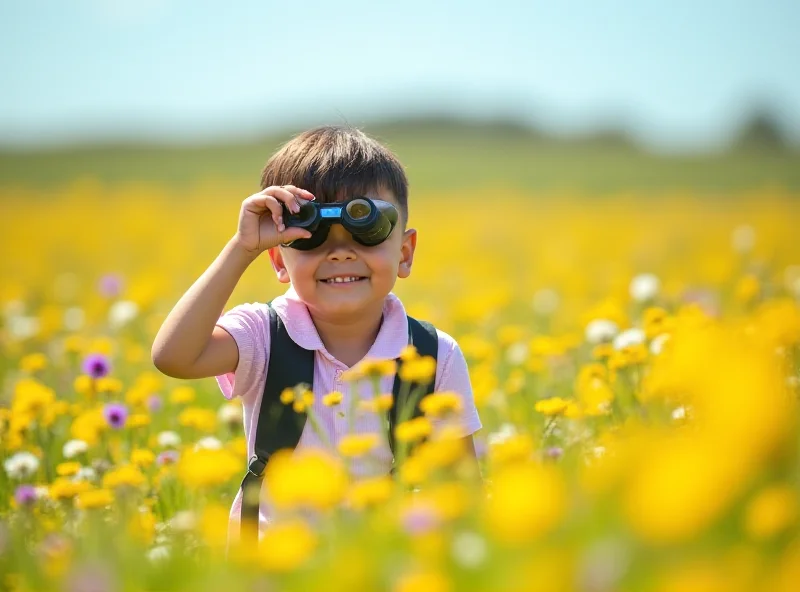 A young child looking through binoculars in a field of wildflowers.