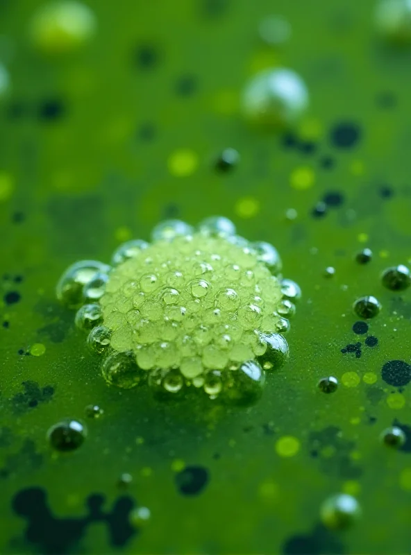 Close up of frogspawn in a pond, with green algae and reeds surrounding it.