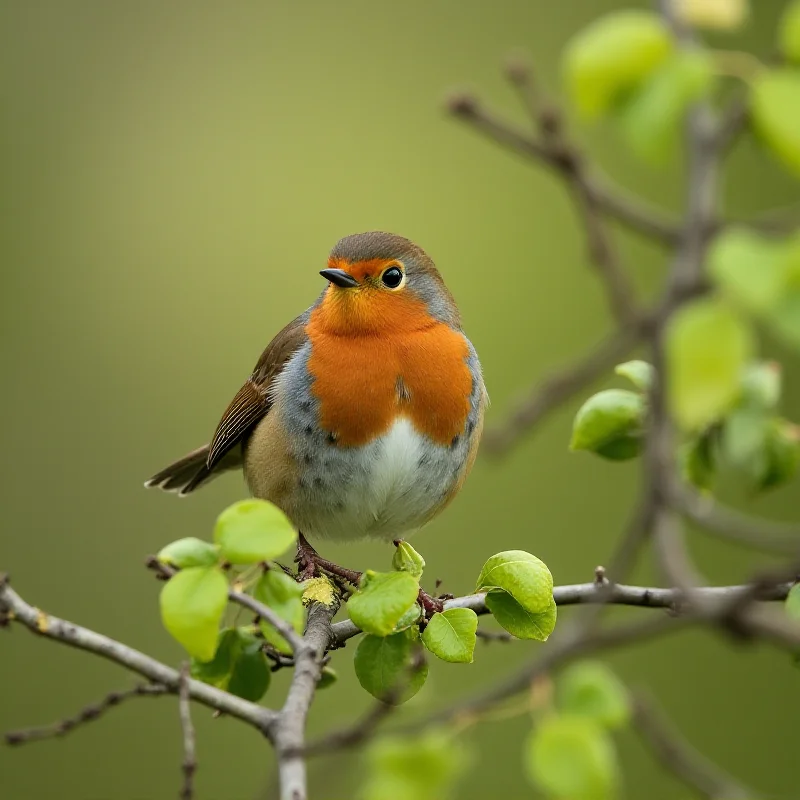 A robin perched on a branch, looking towards the left of the frame.