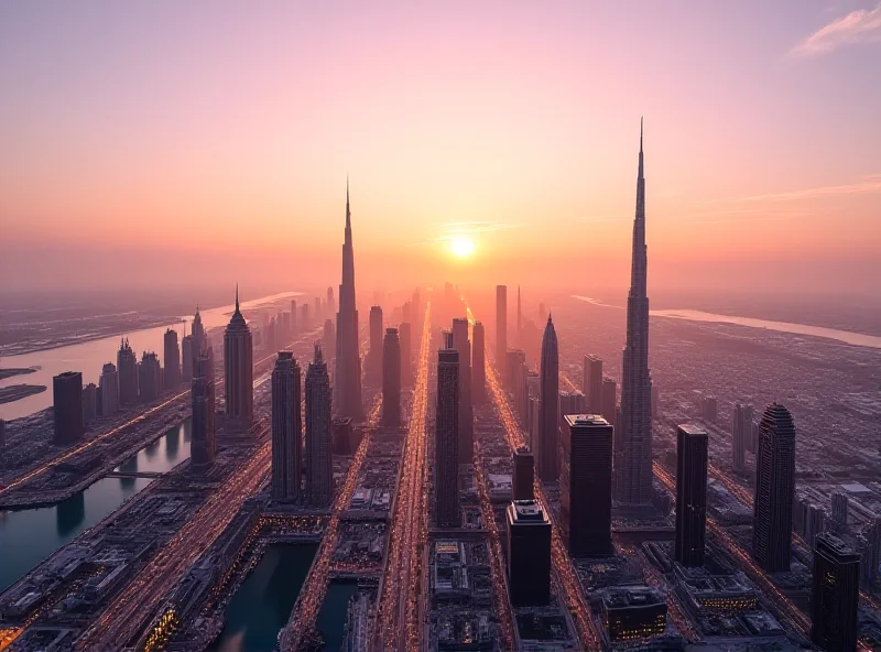 Modern cityscape of Dubai, UAE, with futuristic buildings and vibrant economic activity