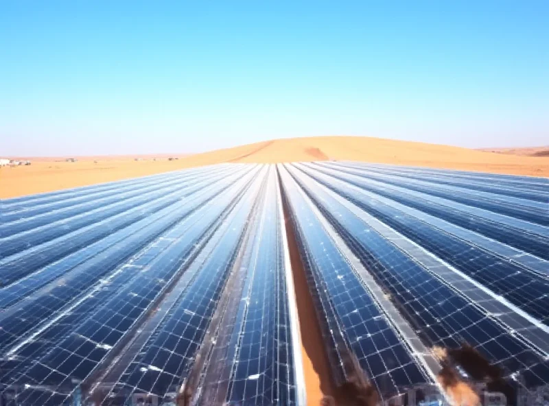 A modern, solar panel farm in the desert, representing the shift towards renewable energy in the Gulf region.