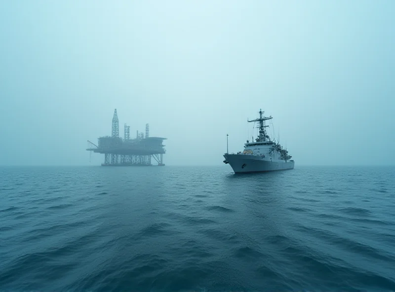 A Venezuelan naval vessel patrols the ocean near an oil rig.