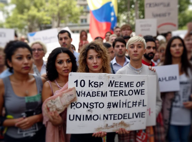 Protesters holding signs demanding the release of Alberto Trentini, with a Venezuelan flag in the background.