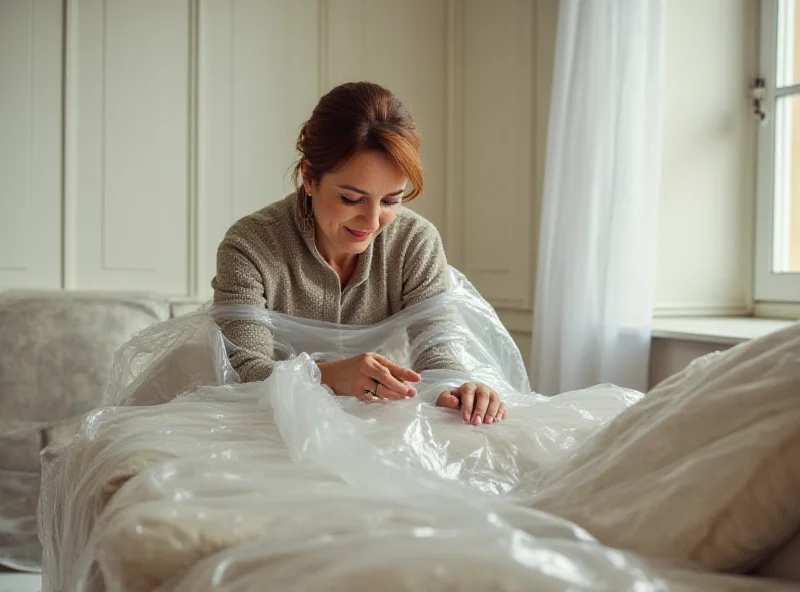 Pashy Goldsmith wrapping furniture in plastic