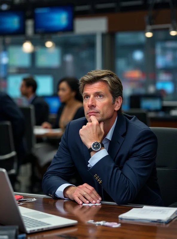 A journalist sitting at a desk with a laptop, microphone, and notepad, looking thoughtfully at the camera. The background is a busy newsroom.