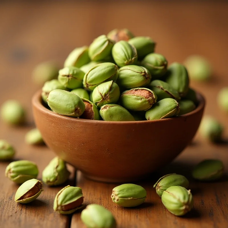 Close-up shot of a bowl of pistachios, some shelled and some unshelled, with a few scattered on a wooden table. The lighting highlights the green color of the nuts.