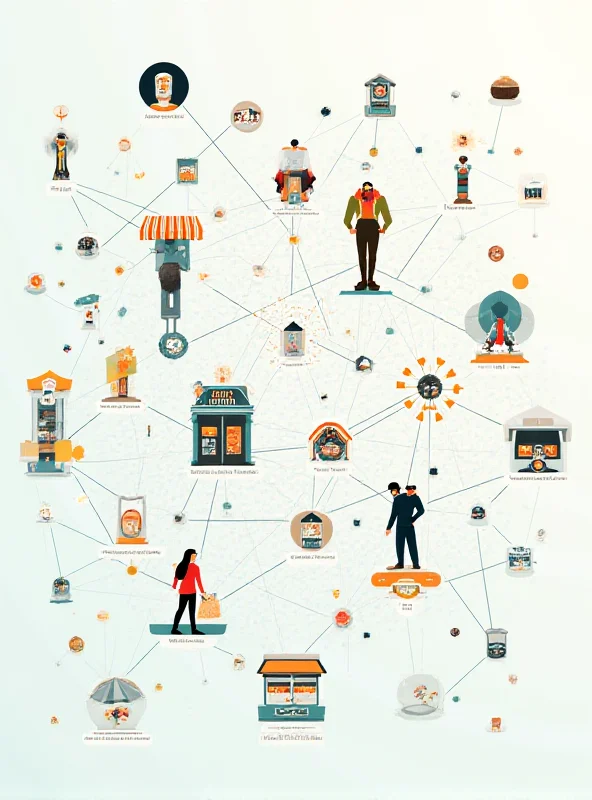 Digital illustration of a knowledge graph with nodes representing restaurants, chefs, and ingredients, connected by lines, with an overlay of abstract data patterns.