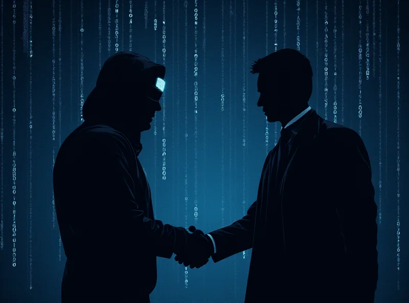 A stylized depiction of a hacker and a spy shaking hands in a dark, digital environment.