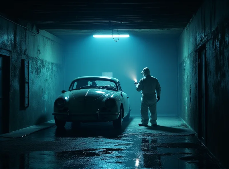 Classic car parked in a garage, dimly lit, with forensic investigators examining it.