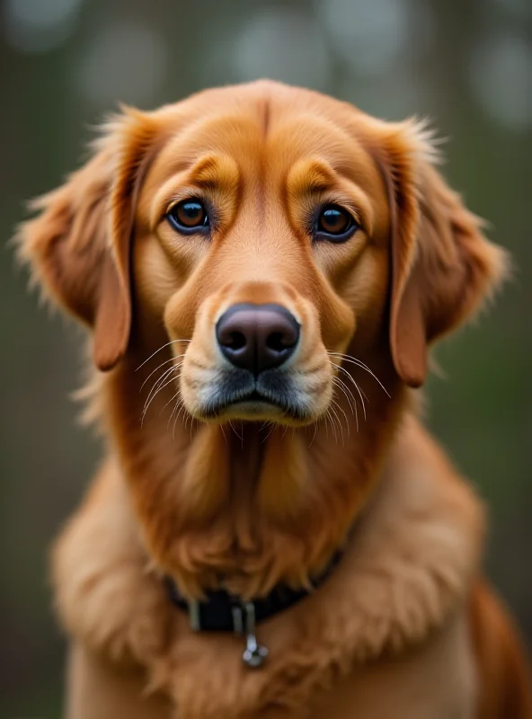 Close-up of a confused-looking dog, a golden retriever, with a blurry background of a suburban house.