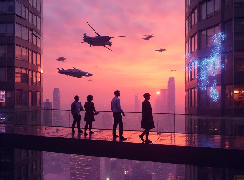 A futuristic cityscape with flying cars and holographic advertisements, reflecting the potential impact of AI on urban life.