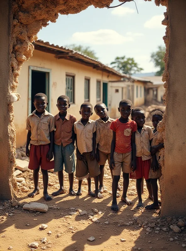 A group of Haitian children standing outside a damaged school, looking hopeful despite their circumstances. The image emphasizes the resilience of children in the face of adversity.