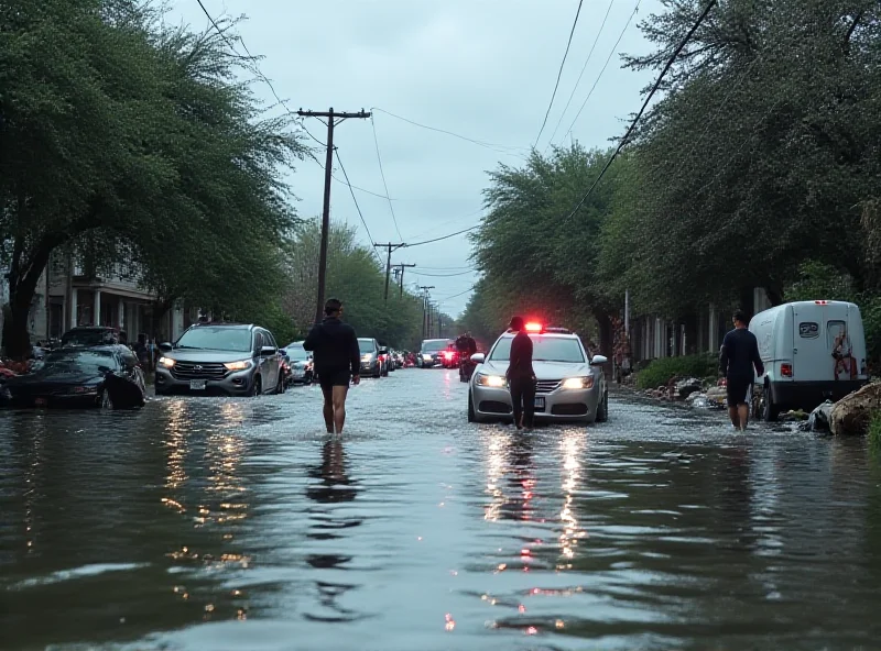 A flooded street scene with people wading through waist-deep water, emphasizing the urgency of timely emergency alerts during natural disasters.