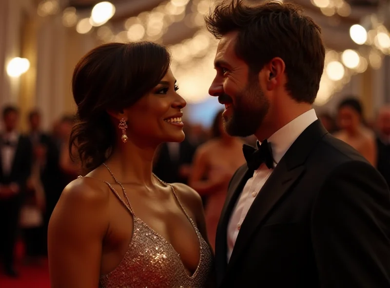 Halle Berry and Van Hunt smiling at each other on a red carpet.